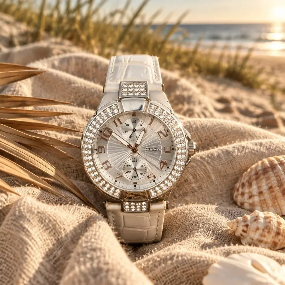 GUESS Prism W11607L1 Women's Silver Multi-Function Watch White Leather Band